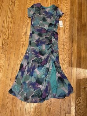 Abstract Blue-Green Maxi Dress with Ruched Side
